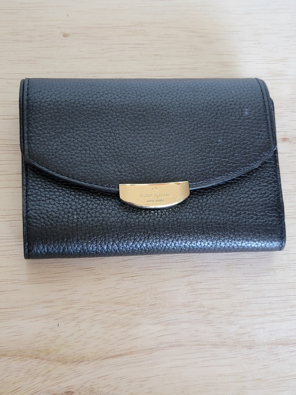 Kate Spade New York Black Pebbled Leather Flap Wallet Gold Hardware